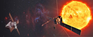 Spaceships flies near the sun in space. Elements of this image furnished by NASA.
