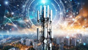 Telecommunication tower with 5G transmitters. Cellular base station with transmitting antennas on telecommunication tower against abstract technological