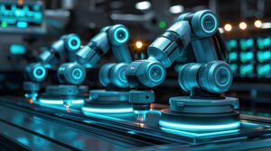 Automated robot arm machines in smart industrial factories Welding robots and production operations.