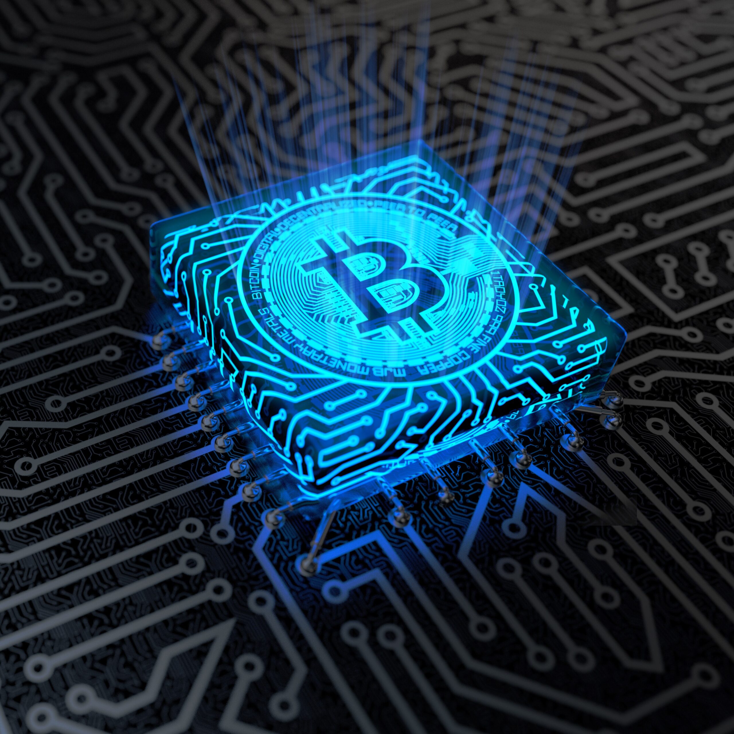 Bitcoin image superimposed on microchip on printed circuit board.