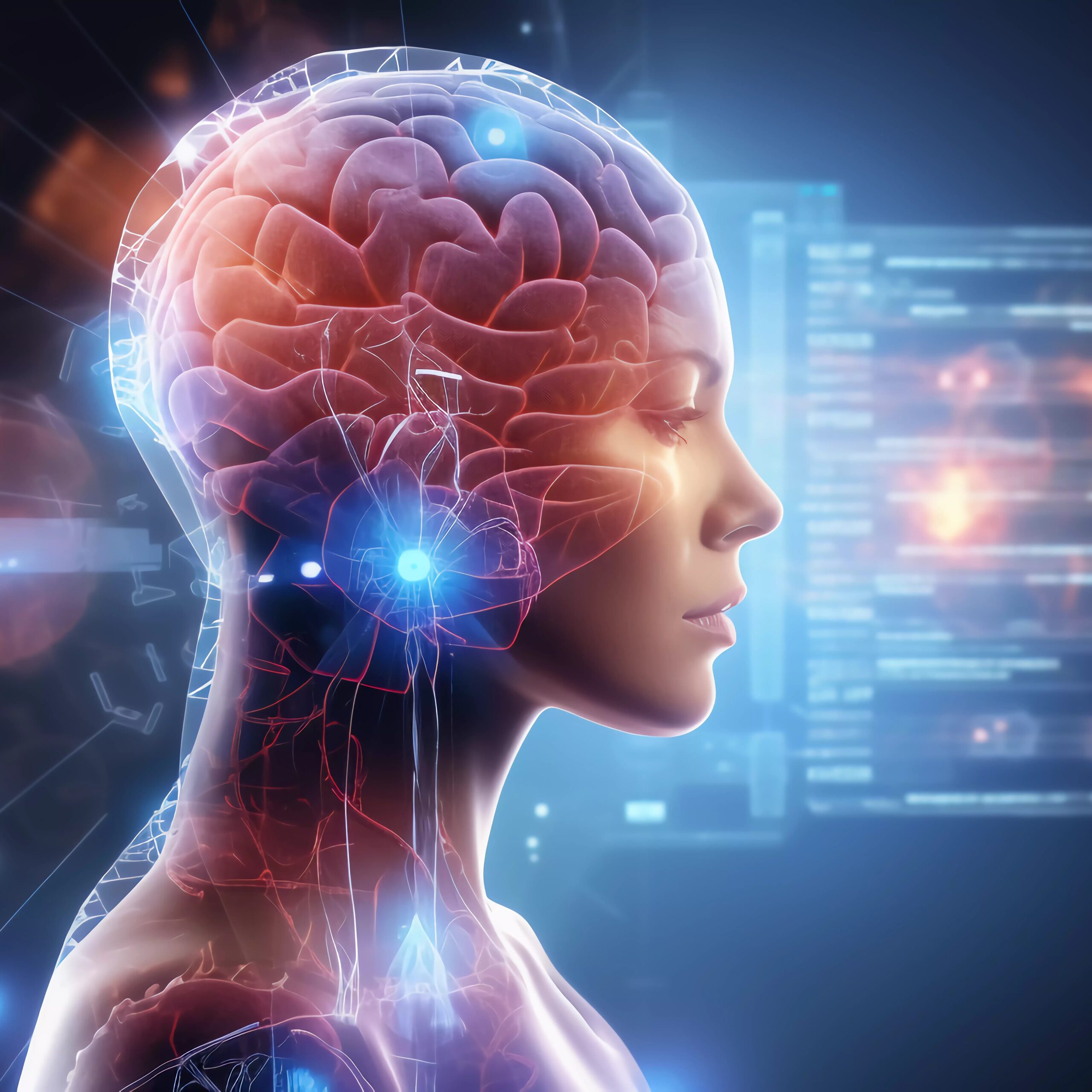 Futuristic semi-transparent diagram of device implanted near brain of woman.