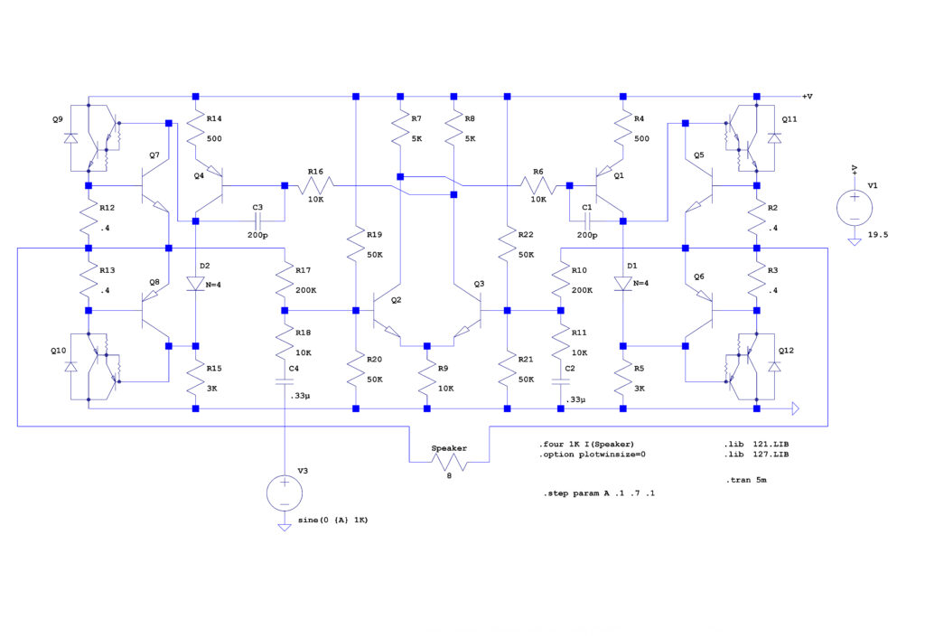 Schematic diagram of audio amplifier using bipolar junction transistors.