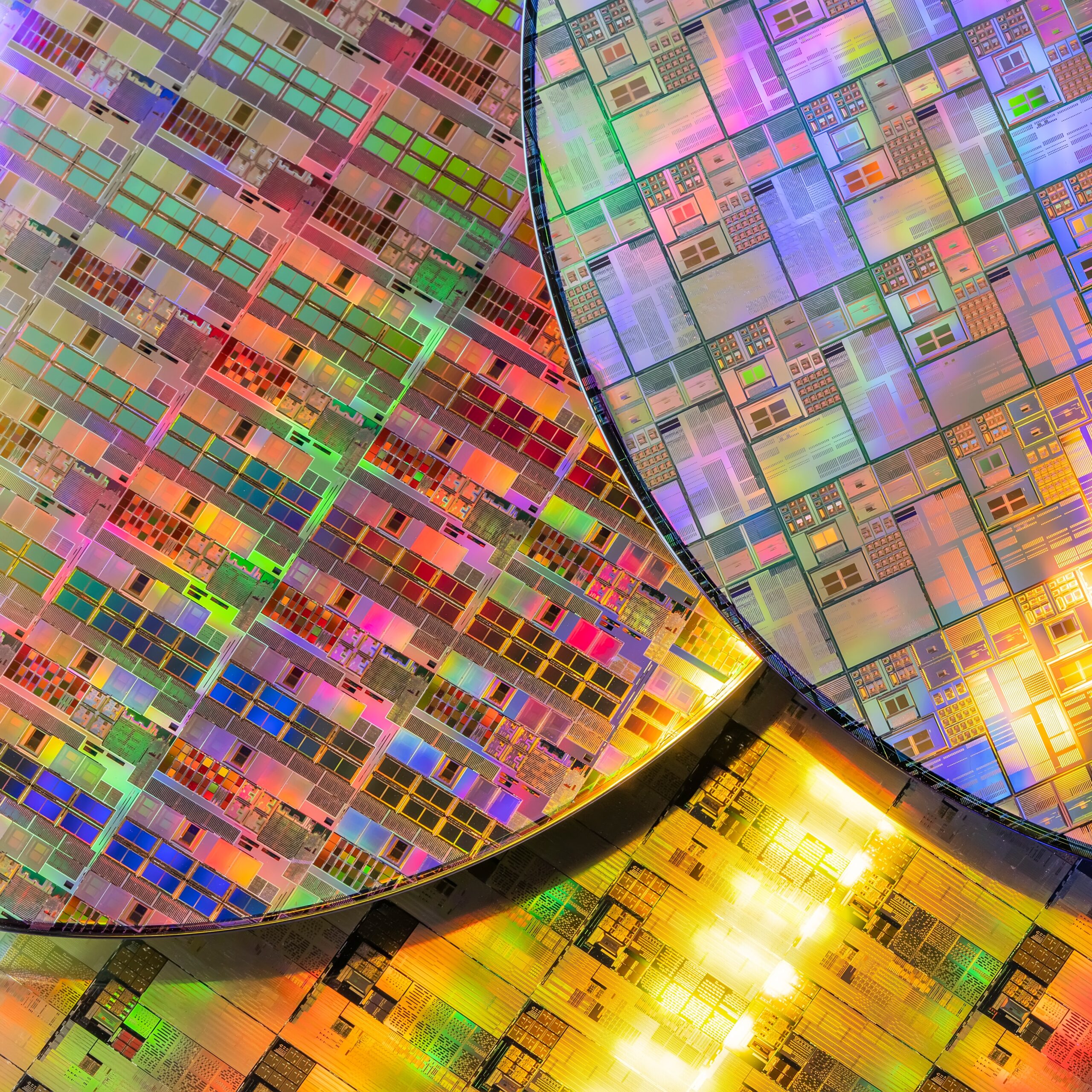 Silicon wafers showing various microchips.